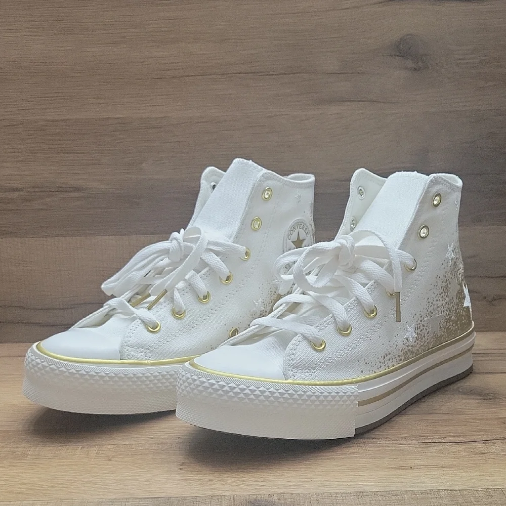 Converse White and Gold High-Top Sneakers Classic Style Size 7.5 Women